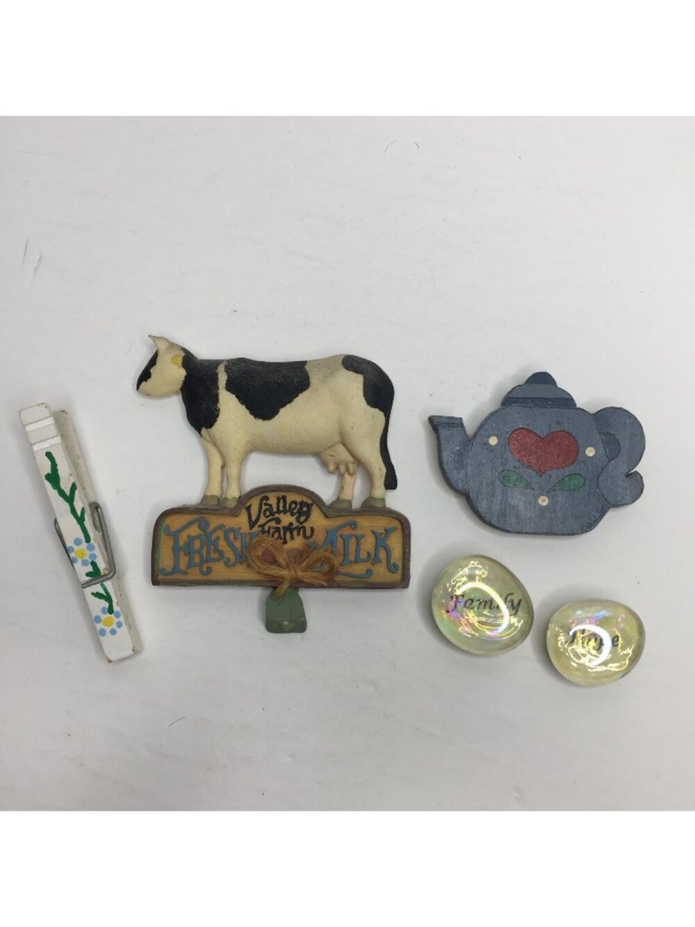 Decorative Magnets Set 5 Valley Farm Milk Cow Clothespin Teapot "Family" "Hope"